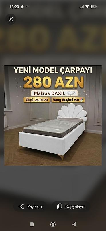Yeni model tək çarpayı, zərif və dekorativ görünüşə malikdir. Başlıq