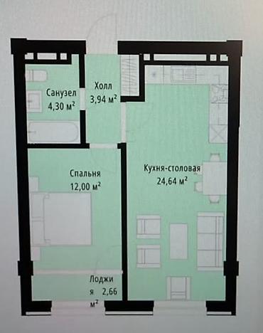 64: 1 комната, 49 м², Кок-Жар мкр Элитка, 2 этаж, ПСО (под самоотделку) — 2