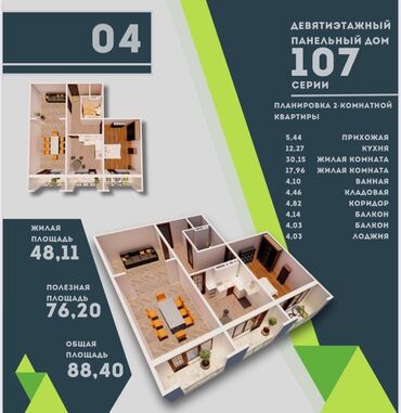 колоновидные яблони: 2 комнаты, 88 м², 106 серия улучшенная, 7 этаж, ПСО (под самоотделку)