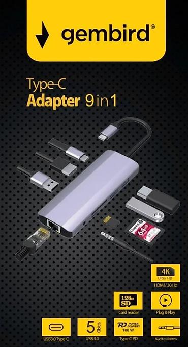 Doking stanice: Gembird Type‑C Adapter 9‑u‑1 – višenamenski USB‑C hub Ključne — 4