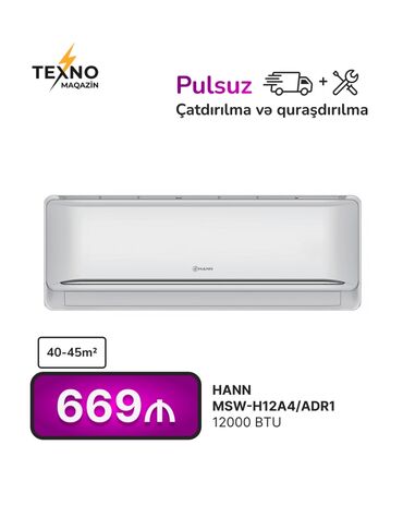 kondisaner ev ucun: Kondisioner 40-45 kv. m, Split sistem, Kredit yoxdur, Pulsuz quraşdırılma