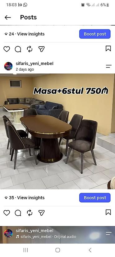 sutular: Masa + 6 stul dəsti - Dəst tərkibi: 1 ədəd yemək masası və 6 ədəd — 1
