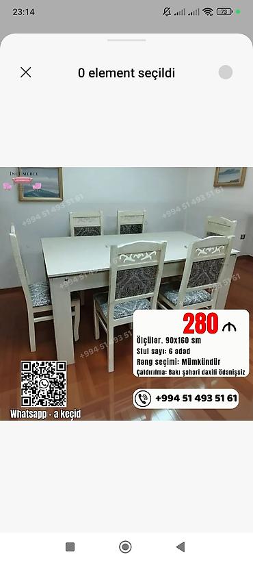 tek kreslo: Qonaq otağı üçün, Yeni, Açılmayan, Dördbucaq masa, 6 stul — 1