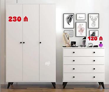 hamam mebel: Ağ rəngdə minimal dizayna malik yataq otağı mebel dəsti. - Üç qapılı — 1