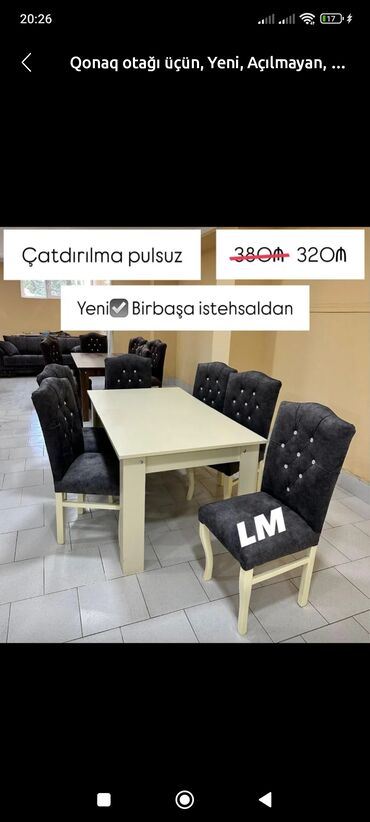 Taburetlər: Qonaq otağı üçün, Yeni, Açılmayan, Dördbucaq masa, 6 stul