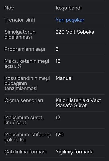 armanı saat: Koşu bandı – yarı peşəkar sinif - Qidalanma: 220V şəbəkə - Proqram — 1