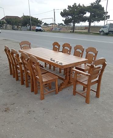 işlenmiş taxta: Taxta yemək dəsti – böyük ölçülü masa və 10 ədəd stul - Material: tam — 3