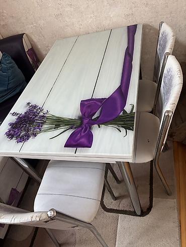 lavanda: Mətbəx masası və 4 stul dəsti - Dizayn: Şüşə üstlükdə lavanda dəstəsi — 2