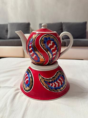 cay: Çay dəsti, rəng - Qırmızı, Farfor — 1