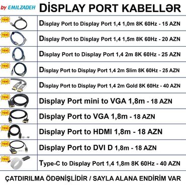 Digər kompüter aksesuarları: Display Port Kabellər 🚚Metrolara və ünvana çatdırılma var