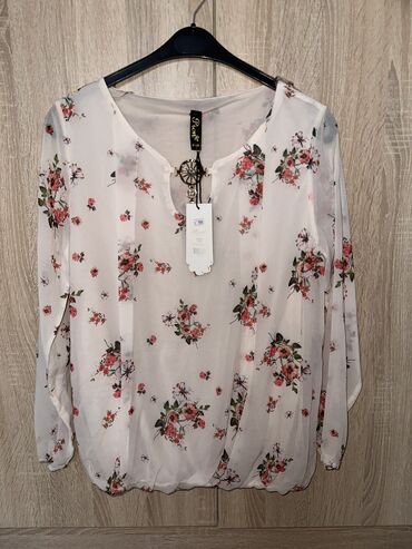 женские блузки с коротким рукавом: Блузка, Классическая модель, Хлопок, В цветочек
