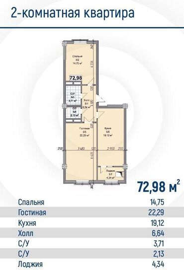 квартиры в карабалта: 2 комнаты, 73 м², Элитка, 9 этаж, ПСО (под самоотделку)