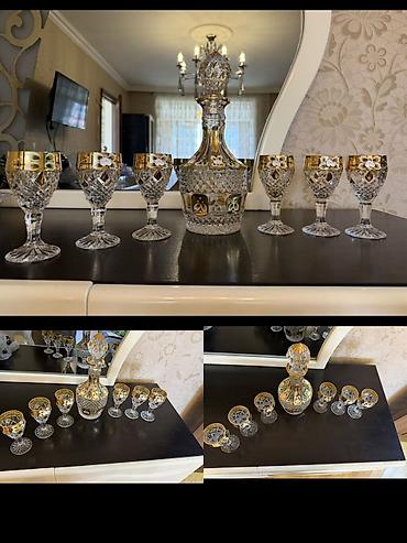Qızılı naxışlı kəhrəba rəng detallı kristal qrafin və 6 parçadan lalafo.az -da Qızılı naxışlı kəhrəba rəng detallı kristal qrafin və 6 parçadan