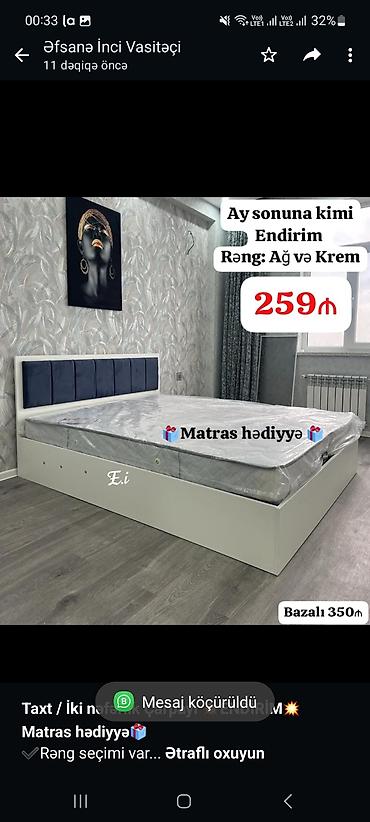 Мебель: *Taxt / İki nəfərlik Çarpayı 💥ENDİRİM💥* *Matras hədiyyə🎁* ✔️Rəng — 1