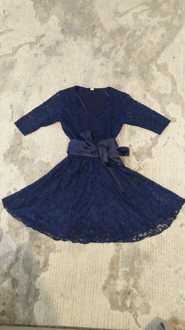 синяя вечерняя платья: Вечернее платье, Короткая модель, С рукавами, XL (EU 42)