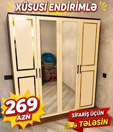 Dolablar: Dört qapılı geyim dolabı – klassik dizayn, krem rəngdə ön panellər və — 1