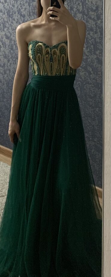 зеленое платье: Вечернее платье, Пышное, Длинная модель, Полиэстер, Без рукавов, Камни, S (EU 36)