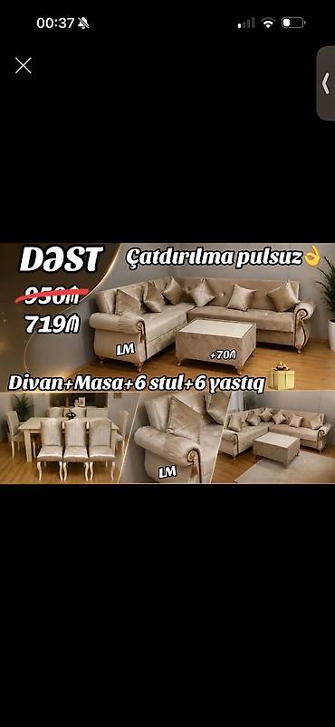 Dəst: Divan + Masa + 6 stul + 6 yastıq Tərkib: - Künc divan: zərif
