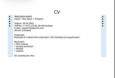 taksi is: Manqalçı, kababçı, Kişi, 5 ildən artıq təcrübə — 1