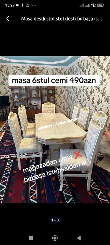 Masa və oturacaq dəstləri: Mətbəx üçün, Qonaq otağı üçün, Yeni, Açılmayan, Dördbucaq masa, 6 stul