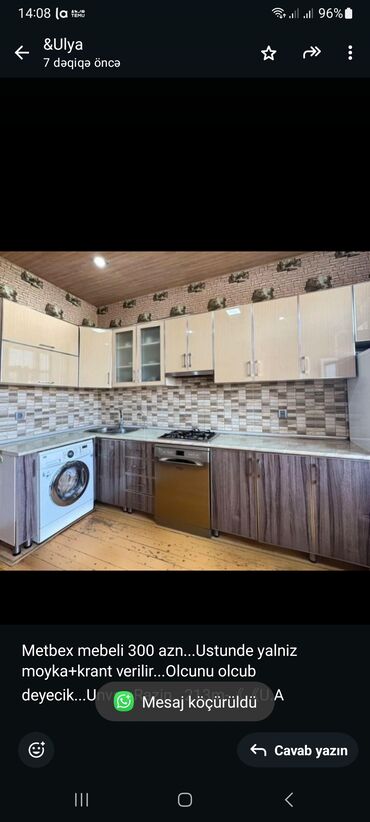 Qonaq otağı dəstləri: Metbex mebeli 300 azn. Ustunde yalniz moyka+krant verilir. Olcunu