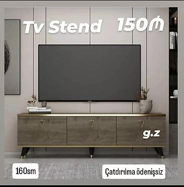 tv stand alcıpan: TV stend - Ölçü: 160 sm - Rəng/üslub: ağac teksturalı korpus, qızılı — 1