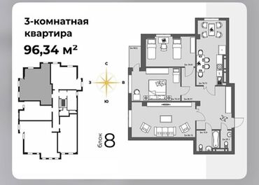 разделитель комнаты: 3 комнаты, 96 м², Элитка, 2 этаж, ПСО (под самоотделку)