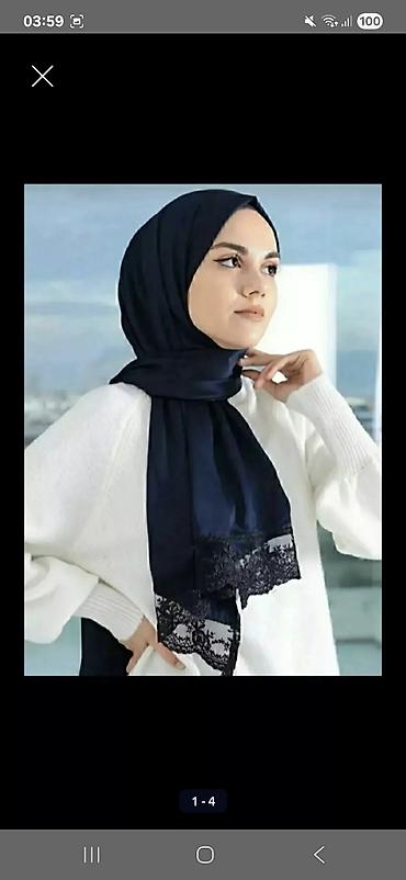 Hicab: Zərif krujeva detallı tünd göy hicab/şərf - Material: yüngül və axıcı — 1