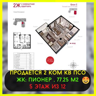 Продажа участков: 2 комнаты, 77 м², Элитка, 5 этаж, ПСО (под самоотделку)