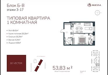байхан: 1 комната, 53 м², Пишпек Элитка, 6 этаж, ПСО (под самоотделку) — 2