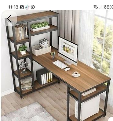 komputer setup: Bu L formalı yazı masası və rəf birləşməsi, müasir və sənaye tərzində — 3