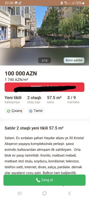 квартира берилет кок жар: 2 otaqlı, Yeni tikili, 58 kv. m
