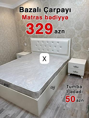 Çarpayılar: Bazalı çarpayı – ağ rəngdə, yumşaq başlıqla. Başlıqda düyməli dekor — 1