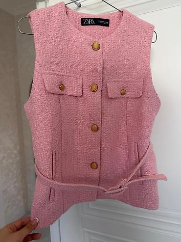 kətan şalvarlar: ZARA qadın jileti – tweed fakturalı, açıq çəhrayı rəng. - Model — 4