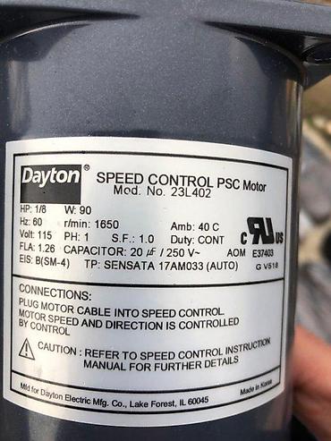 Elektromotori: Dayton SPEED CONTROL PSC Motor – Mod. No. 23L402 - Tip: PSC motor sa — 3