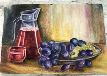 купить бу гитару: A3 ölçüdədir - Mövzu: süfrə natürmortu – şüşə sürahi və stəkan içində