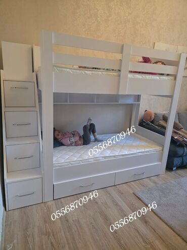 İkimərtəbəli uşaq çarpayıları: Oğlan və qız üçün, Yeni, Çarpayı, Matras ilə, Siyirməli, Laminat — 12