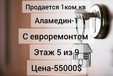 продаю квартира аламидин1: 1 комната, 39 м², Элитка, 5 этаж, Евроремонт