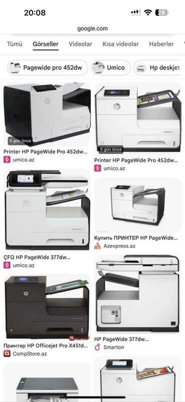 3 birinde printer: HP PageWide Pro 452dw,577dw, 377dw,477dw printerləri alıram Əsas