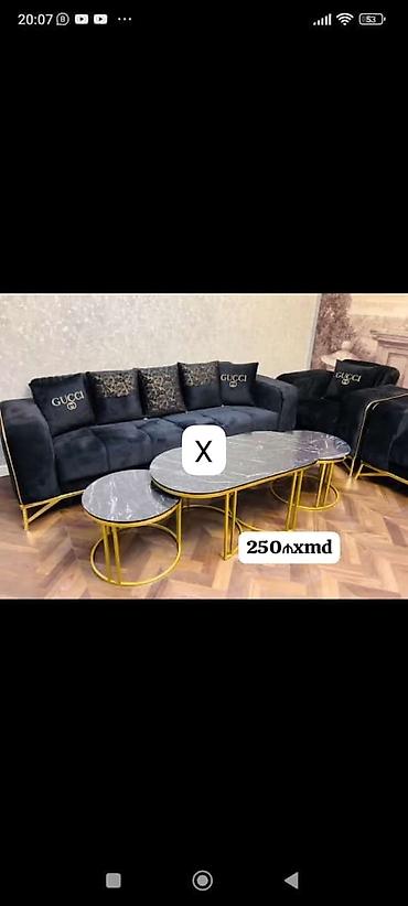 Qızılı şassili mərmər effektli oturacaq masaları dəsti - 3 hissəli