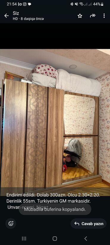 nigaz mebel: Endirim edildi. Dolab 300azn. Olcu 2.30×2.20. Derinlik 55sm