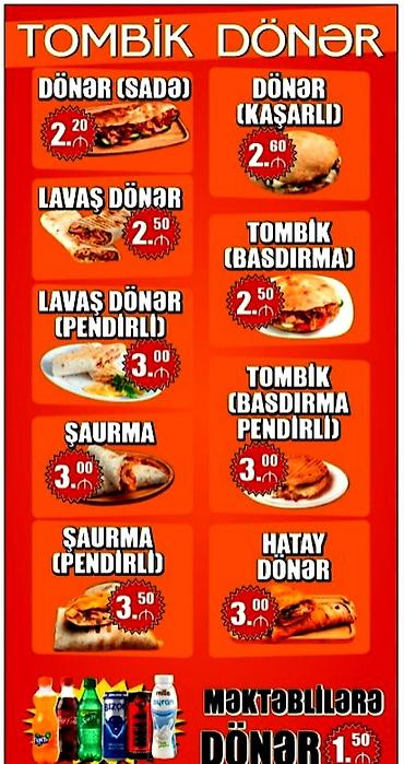 Sifarişlə hazır yeməklər: Tombik Donər – Valeh Usta Menyu: - Donər (sadə) – 2.20 ₼ - Donər — 5