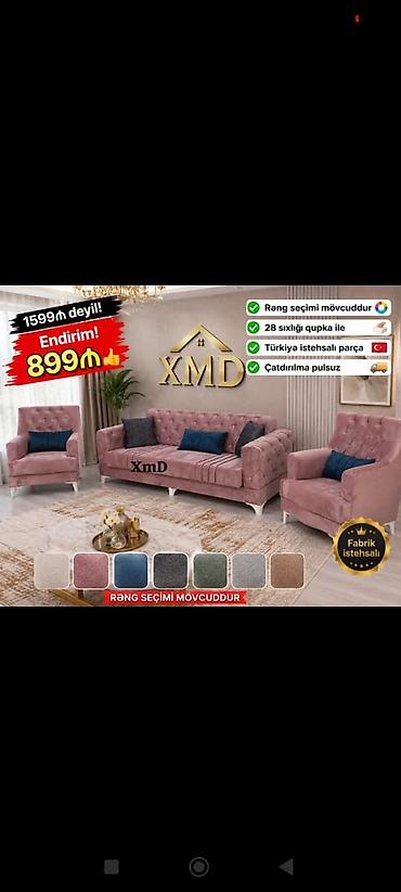kafe ucun divan: XMD yumşaq mebel dəsti – 3+1+1 - Komlekt: bir 3‑yerlik divan və iki — 1
