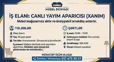 mebil ustasi: Hostes, qeydiyyatçı tələb olunur, 18-29 yaş, Təcrübəsiz — 1