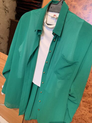 зеленая рубашка женская: Рубашка, Классическая модель, Оверсайз, Корея