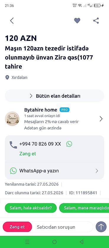 ikinci el cadır: Qiymət: 120 AZN Məhsul: Maşın icarəsi/xidməti Təsvir: - Maşın — 1