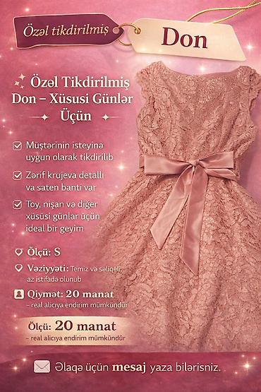 Личные вещи: Özəl tikdirilmiş don – xüsusi günlər üçün. 1 defe nişana geyinilib. - — 1