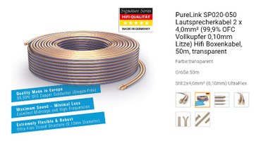 kabel 4 mm: Акустический кабель Sentivus (Германия) 2х4мм Референс класс.Кабель