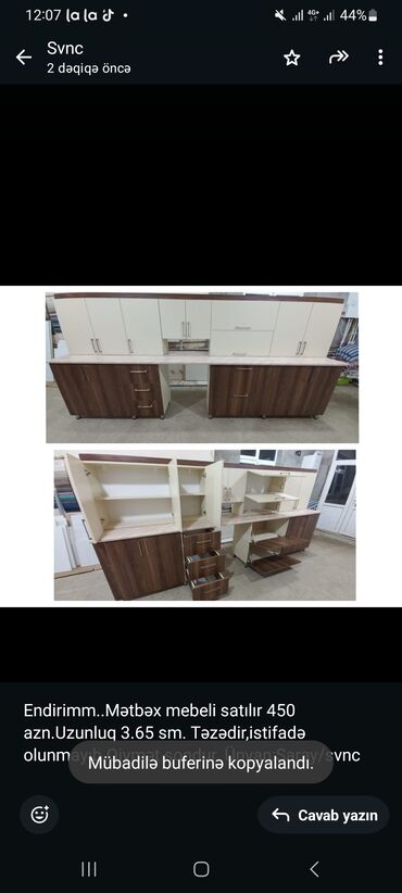 mebel dəst: 3.65 sm uzunluğunda, iki rəngdə (ağ və qəhvəyi) mətbəx mebeli satılır