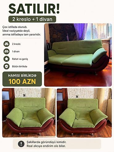 divan deri: 2 kreslo + 1 divan dəsti - Yaşıl parça oturacaq, qəhvəyi dəri əsaslı — 1